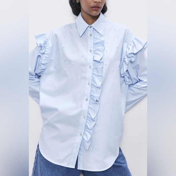 Zara Sky Blue Ruffle Button Up Blouse With Pearls - Picture 2 of 7